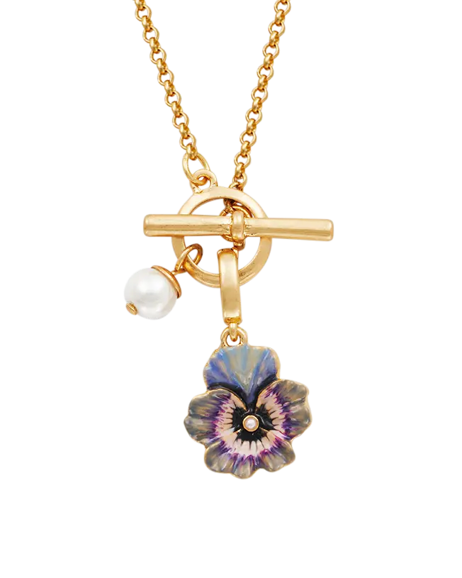 Gold Pansy & Pearl Toggle Necklace 1