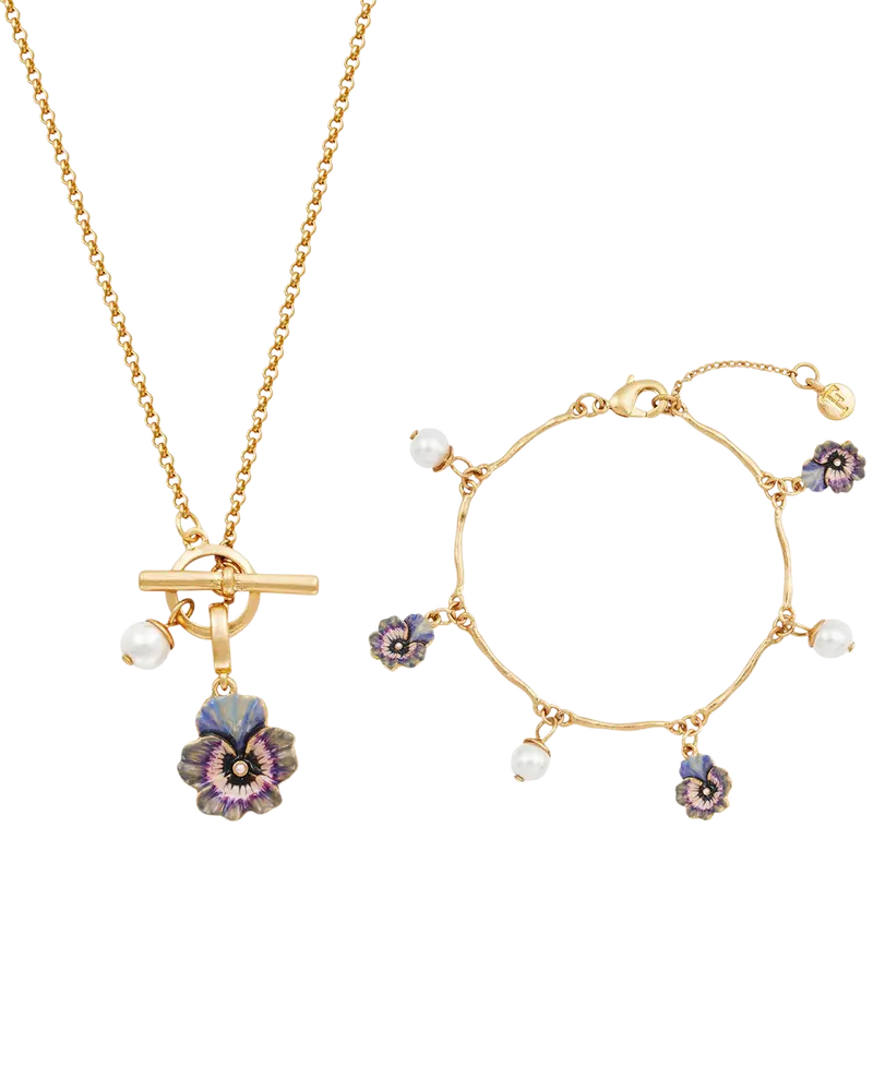 Gold Pansy & Pearl Toggle Necklace & Charm Bracelet Set 1