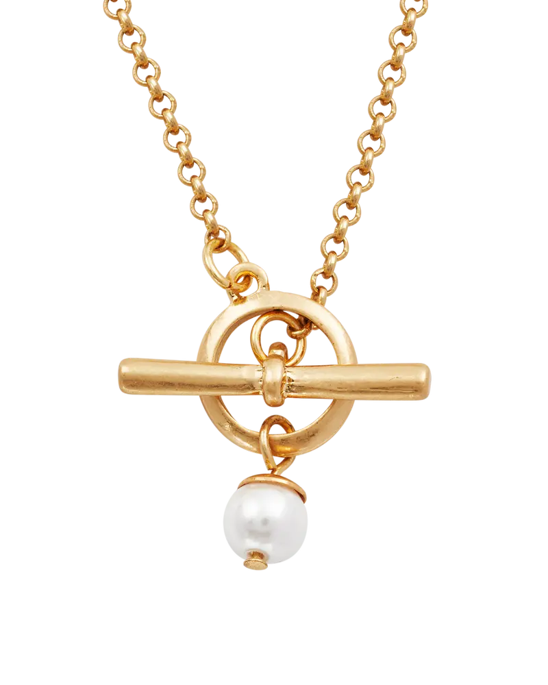 Gold Pearl Toggle Charm Necklace 1