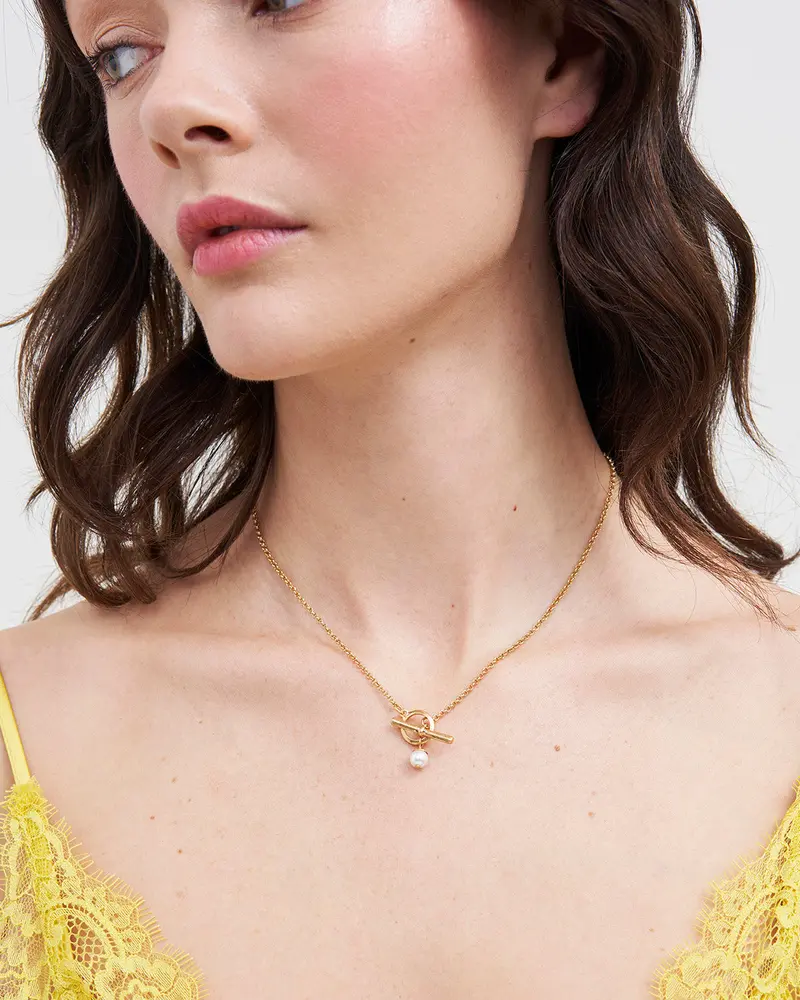 Gold Pearl Toggle Charm Necklace 2