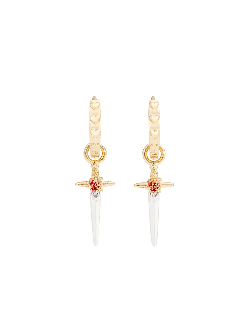 Gold Rose & Dagger Huggie Earrings 1
