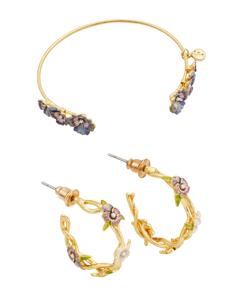 Gold Wildflower Hoop Earrings & Pansy Pearl Bangle Set 1