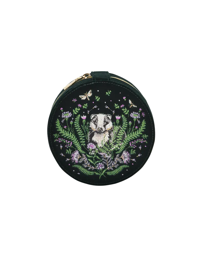 Green Badger Embroidered Circle Jewellery Box 1