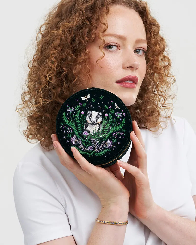 Green Badger Embroidered Circle Jewellery Box 2