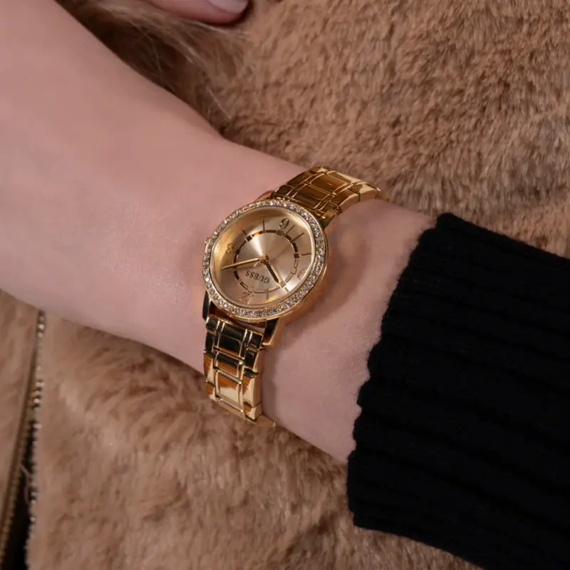 Guess Analog Gold Stainless Steel & Leather Strap Women Watch Gw0808l2 2