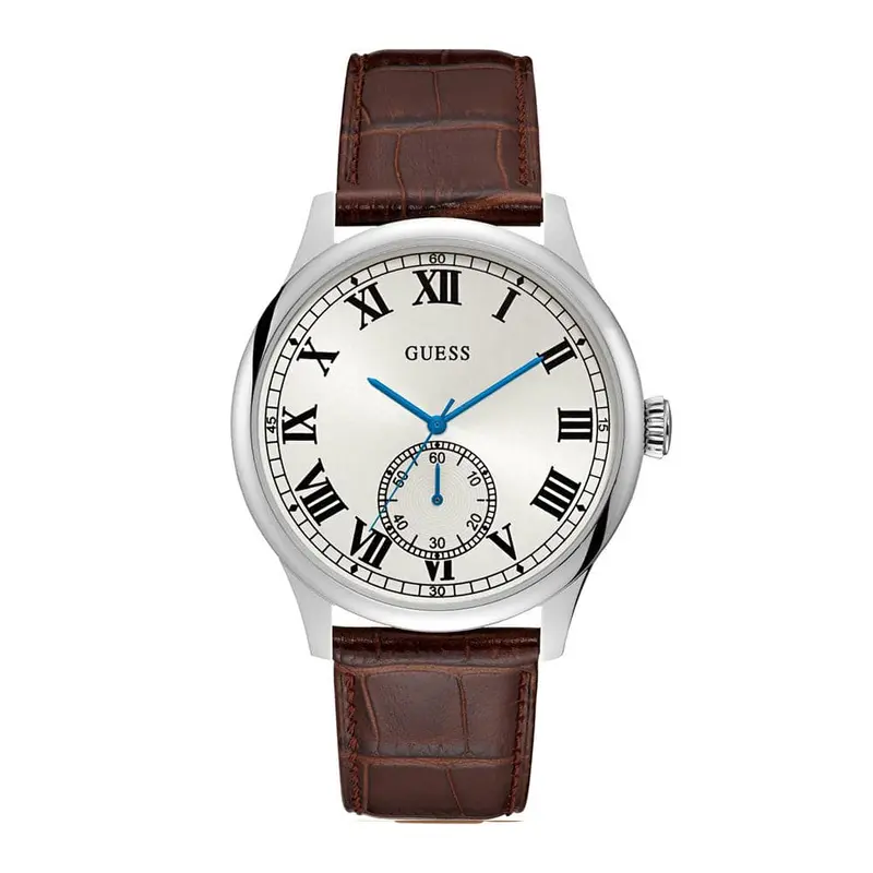 Guess Cambridge Silver Stainless Steel W1075g4 Brown Leather Strap Men's Watch 1