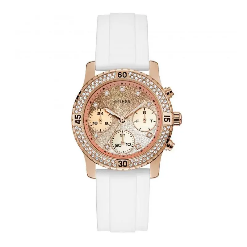 Guess Confetti Rose Gold Stainless Steel W1098l5 White Silicone Strap Women's Watch 1