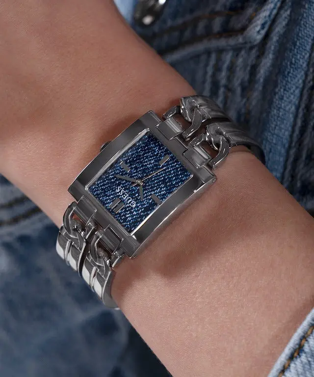 Guess Denim Dial Silver Chain Ladies Watch Gw0807l1 2