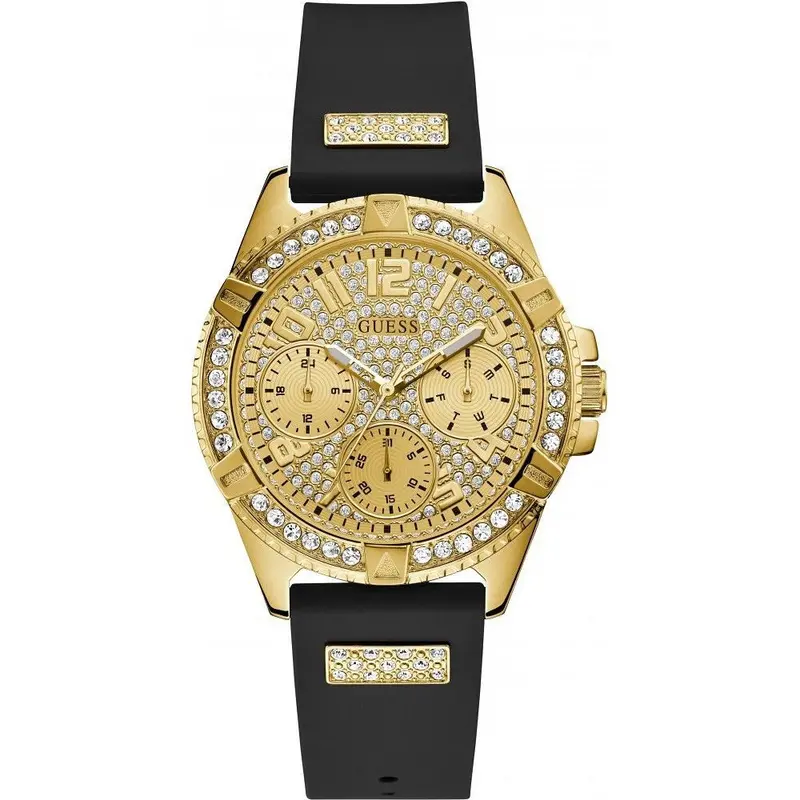 Guess Frontier Glitz Gold Dial Black Strap Watch W1160l1 1