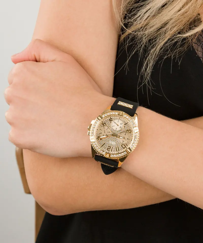 Guess Frontier Glitz Gold Dial Black Strap Watch W1160l1 2