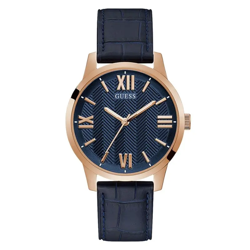 Guess Gw0250g3 Rose Gold Tone Case Blue Genuine Leather Men's Watch 1