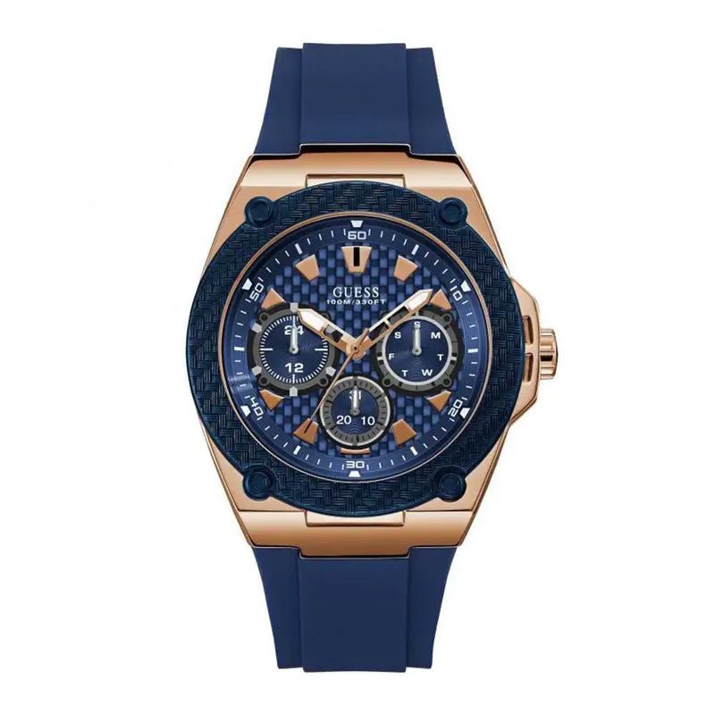 Guess Legacy Rose Gold Stainless Steel W1049g2 Blue Silicone Strap Men's Watch 1