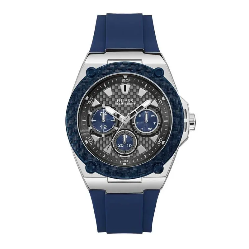 Guess Legacy Silver Stainless Steel W1049g1 Blue Silicone Strap Men's Watch 1