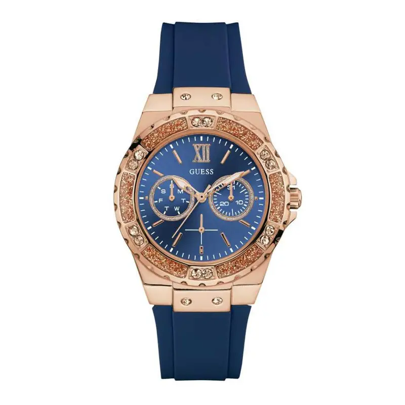 Guess Limelight Rose Gold Stainless Steel W1053l1 Blue Silicone Strap Women's Watch 1