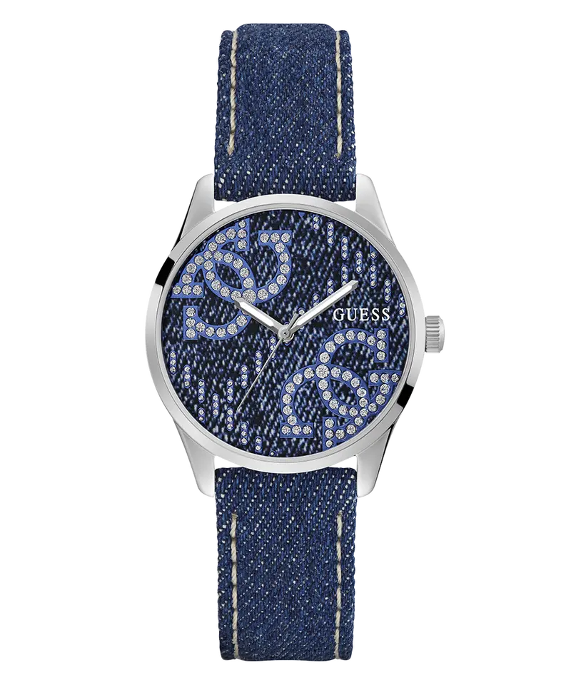 Guess Quattro 'G' Logo Denim Blue Silver Tone Analog Watch Gw0755l1 1