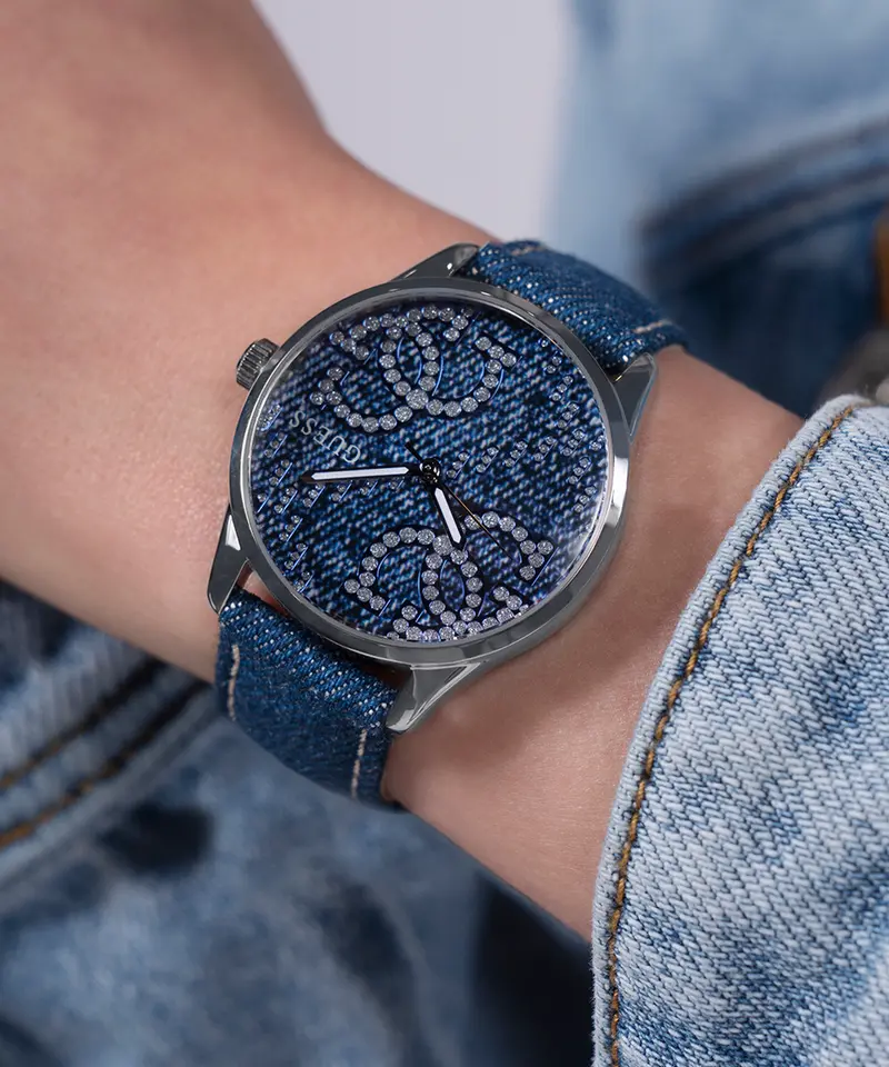 Guess Quattro 'G' Logo Denim Blue Silver Tone Analog Watch Gw0755l1 2
