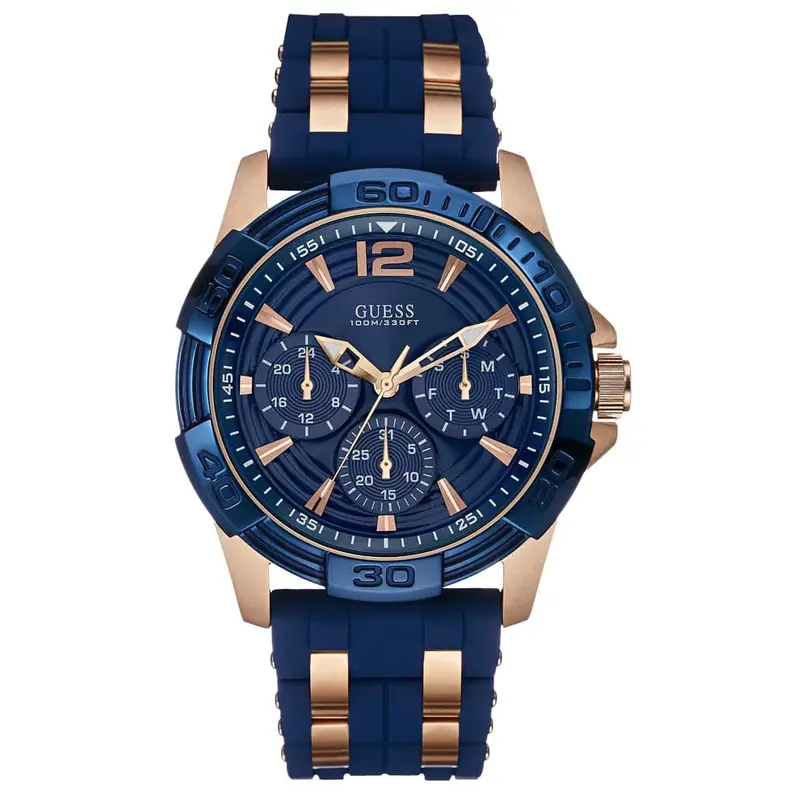 Guess Rose Gold Stainless Steel W0366g4 Blue Silicone Strap Men's Watch 1