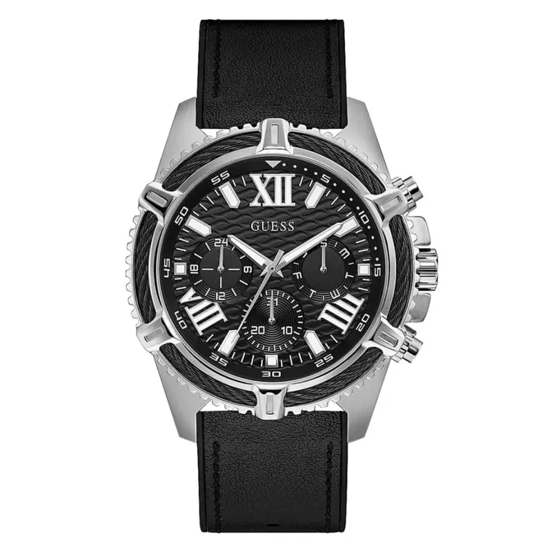 Guess Silver Tone Case Black Genuine Leather Gw0053g1 Men's Watch 1