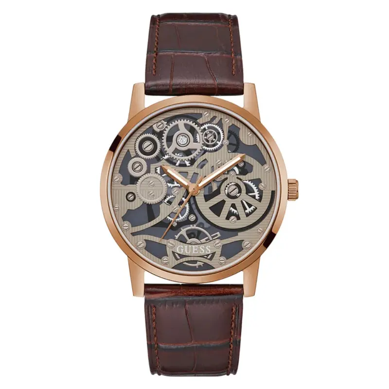 Guess Skeleton Dial Brown Leather Strap Men Watch Gw0570g2 1