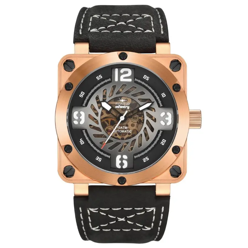 Infantry Aviateur The Skeleton Falcon Black Leather Strap Men Watch Avr-003-Skl-02 1