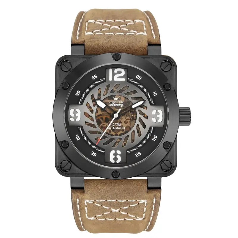 Infantry Aviateur The Skeleton Falcon Brown Leather Strap Men Watch Avr-003-Skl-03 1