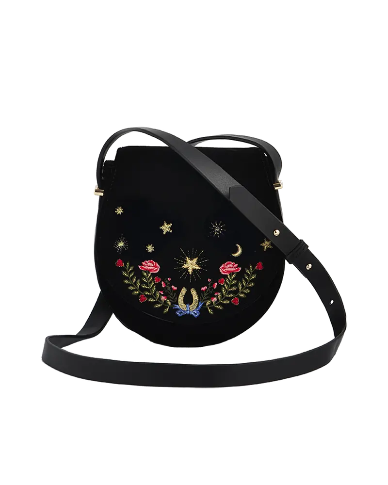 Kate Celestial Embroidered Black Velvet Saddle Bag 1