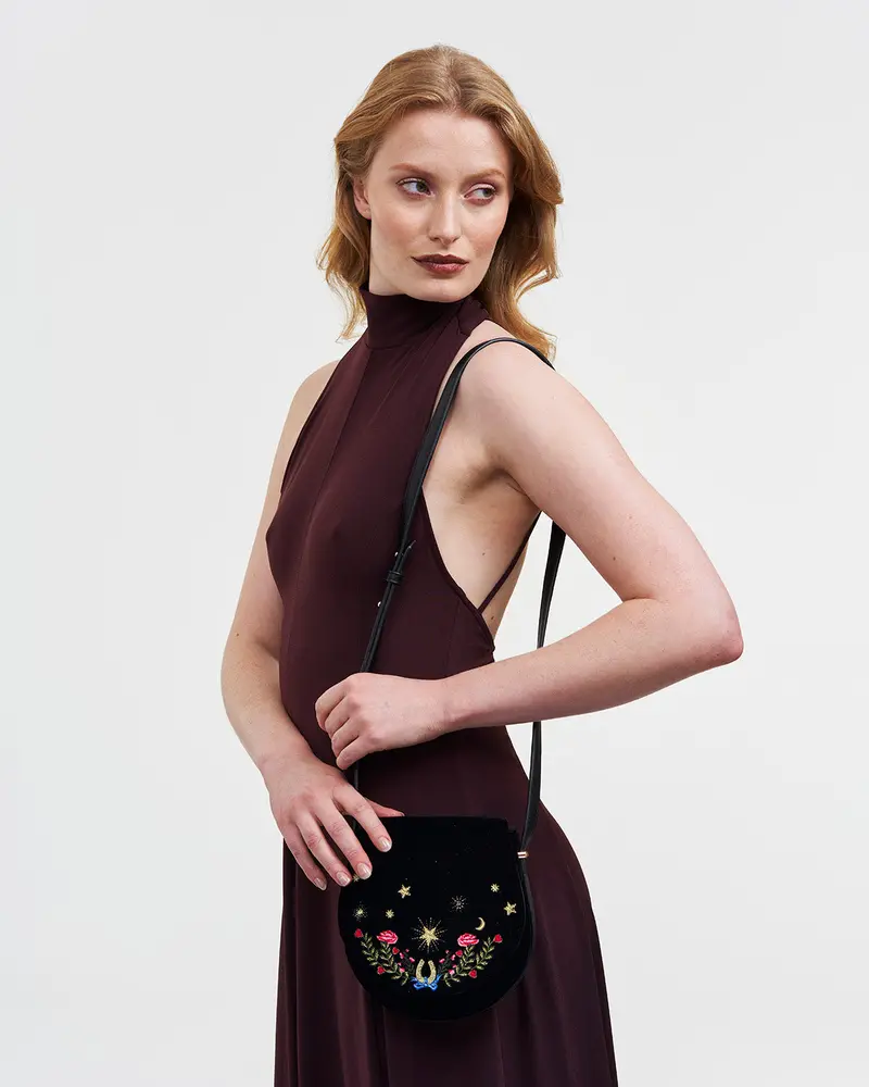 Kate Celestial Embroidered Black Velvet Saddle Bag 2