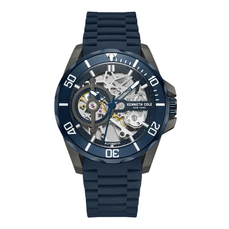 Kenneth Cole New York Silver Skeleton Dial Blue Silicone Strap Men Watch Kcwgr0012803 1