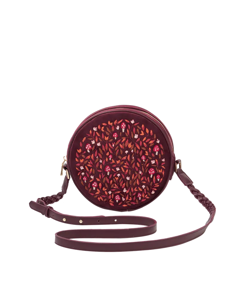 Magical Mushroom Embroidered Burgundy Velvet Circle Bag 1