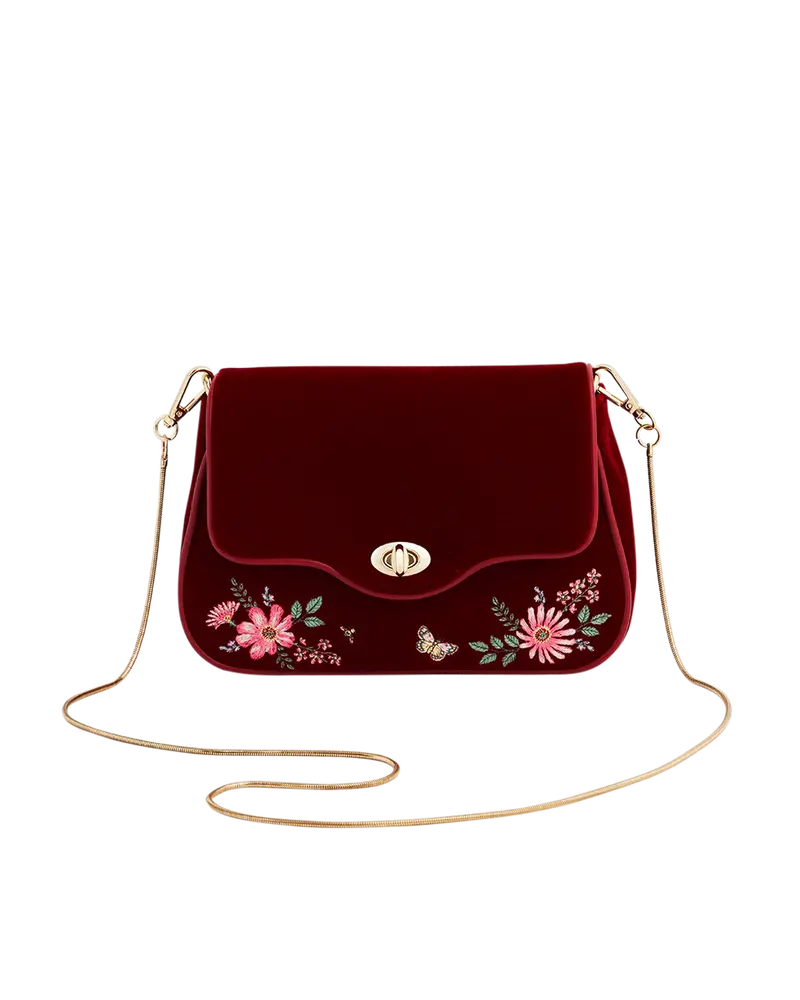 Mary Floral Embroidered Red Velvet Clutch 1