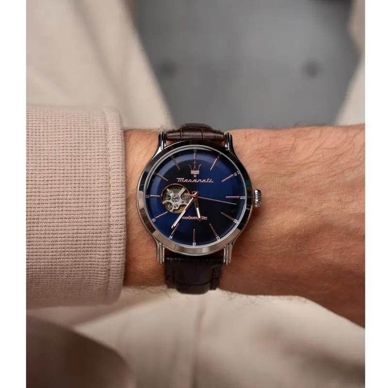 Maserati Epoca R8821118010 Open Heart Blue Dial Leather Strap Watch 2