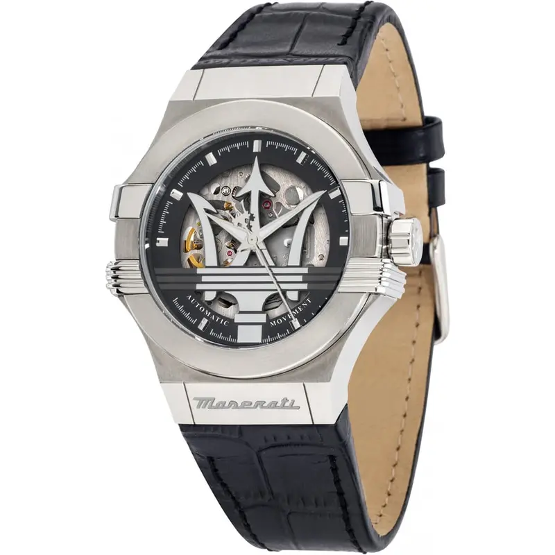 Maserati Potenza Black Leather Strap Men's Watch - Skeleton Dial | R8821108052 1