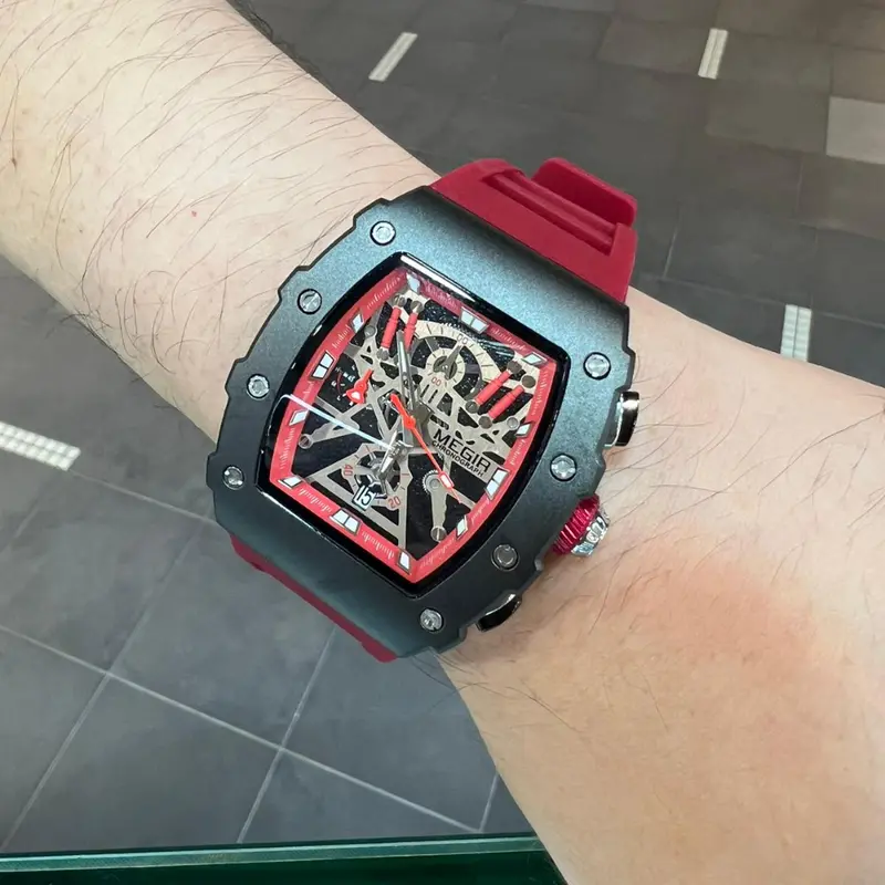 Megir Skeleton Dial Red Silicone Strap Men Watch Mn2218g-Bkrd-1N8 1