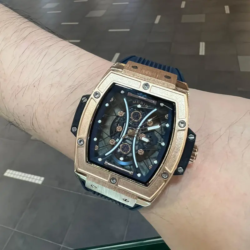 Megir Skeleton Dial Rose Gold Case Blue Silicone Strap Men Watch Mn8109grebe-2N0 1