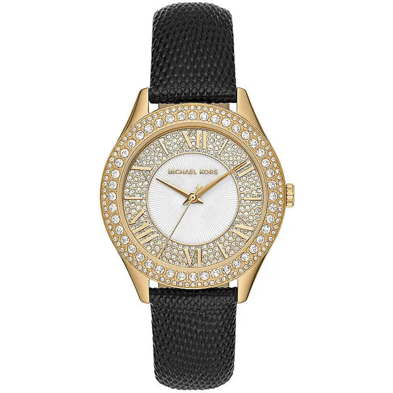 Michael Kors Gold Crystal Dial Black Leather Strap Women Watch Mk2988 1