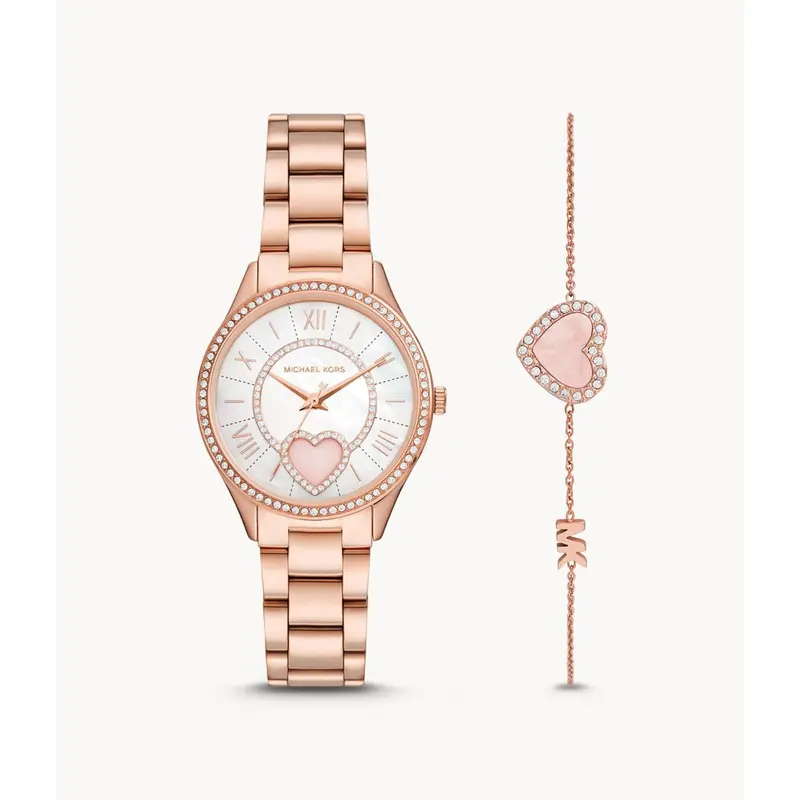 Michael Kors Lauryn Quartz Crystal Rose Gold-Tone Ladies Watch And Bracelet Set Mk1038 1