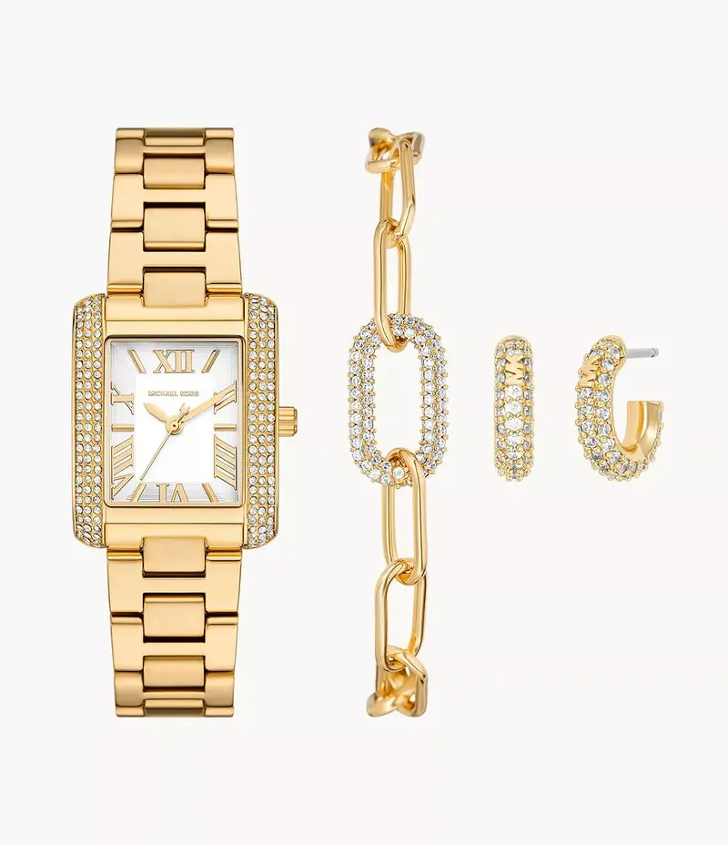 Michael Kors Mk4837set Emery Three-Hand Gold-Toned Steel Watch, Bracelet & Earrings Gift Set 1