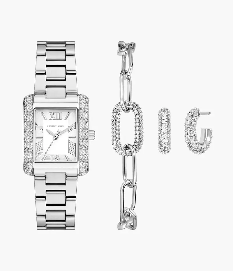 Michael Kors Mk4839set Emery Three-Hand Silver-Toned Steel Watch, Bracelet & Earrings Gift Set 1