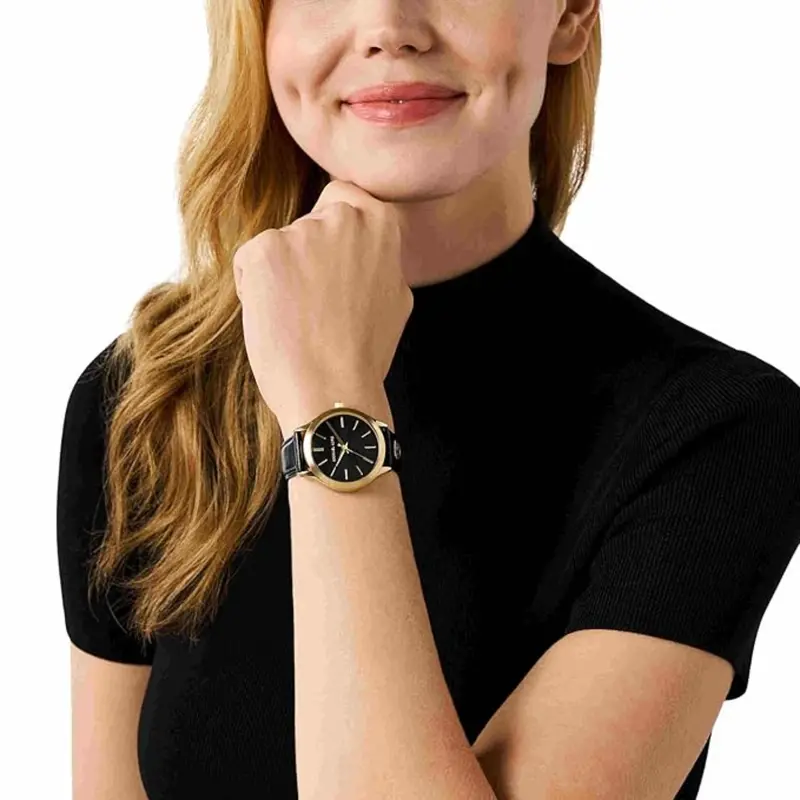 Michael Kors Mk7482 Slim Runway Black Leather Strap Watch 2