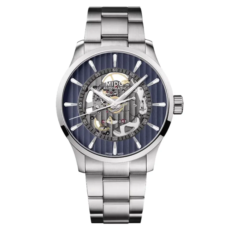 Mido Multifort Skeleton Dial Silver Stainless Steel Strap Men Watch M0384361104100 1