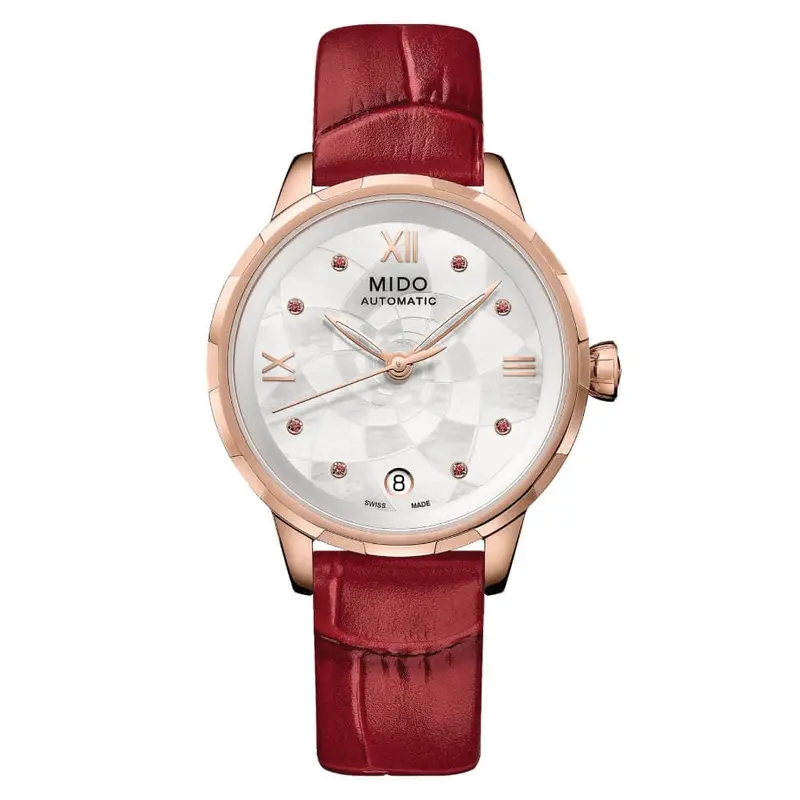 Mido Rainflower Red Leather Strap Women Watch M0432073611800 1