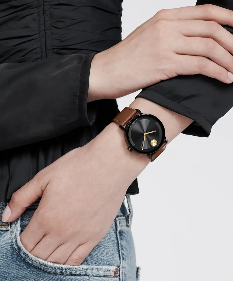 Movado Bold Evolution 2.0 Black Dial Brown Cognac Leather Strap Watch 3601083 2