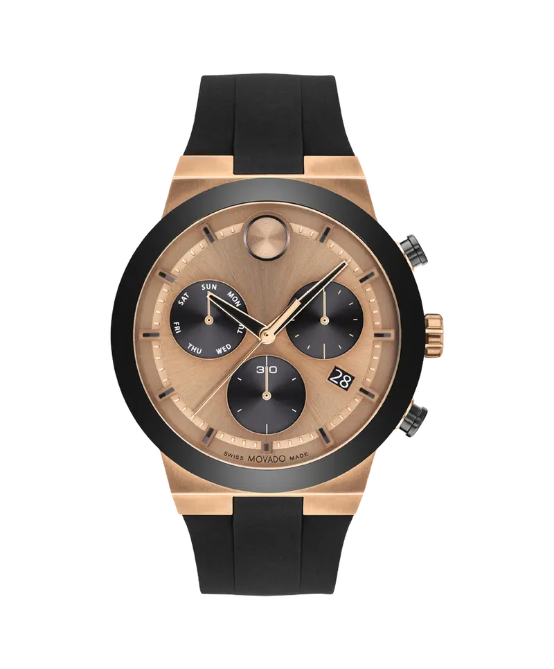 Movado Bold Fusion 42Mm Rose Gold Dial Chronograph Black Silicone Strap Watch 3600854 1