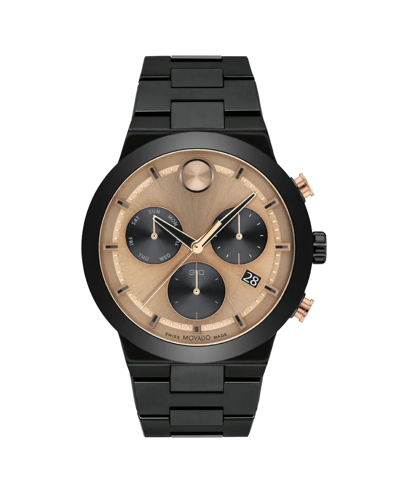 Movado Bold Fusion 44Mm Bronze Dial Chronograph Black Link Steel Watch 3600897 1