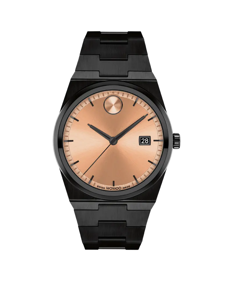 Movado Bold Quest 40Mm Rose Gold Sunray Dial Black Stainless Steel Watch 3601244 1