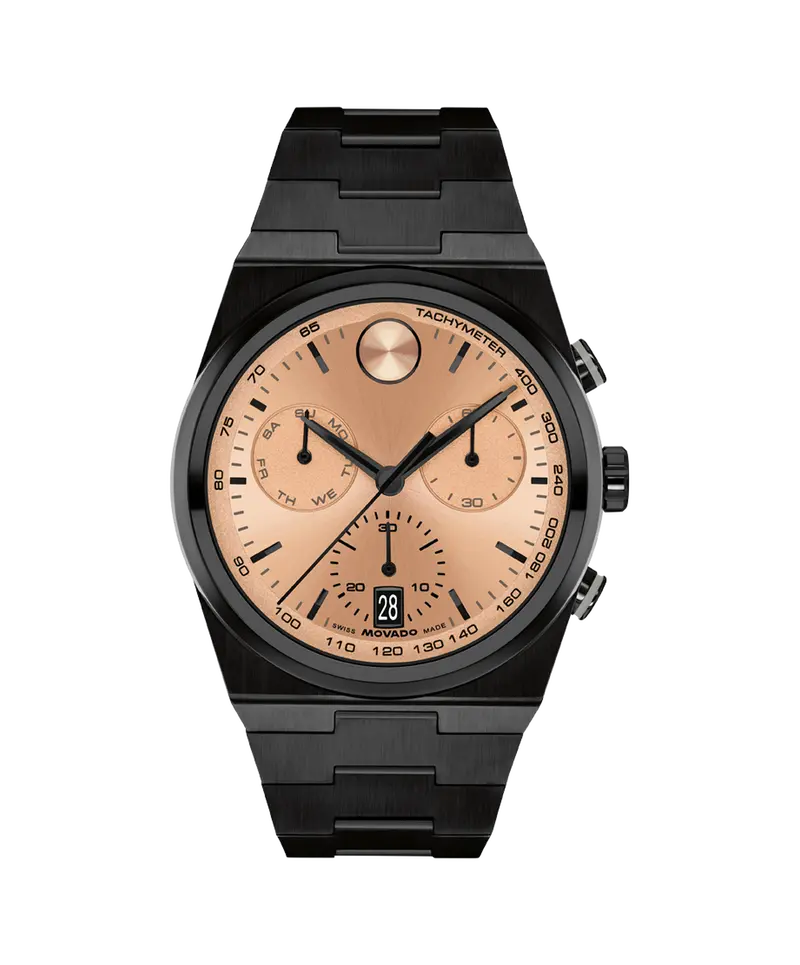 Movado Bold Quest 42Mm Rose Gold Sunray Dial Chronograph Black Steel Watch 3601245 1