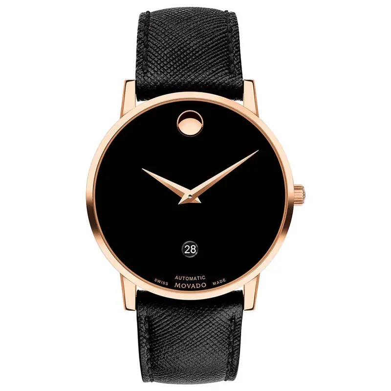 Movado Museum Rose Gold Dial Case Black Leather Strap Watch 607474 1