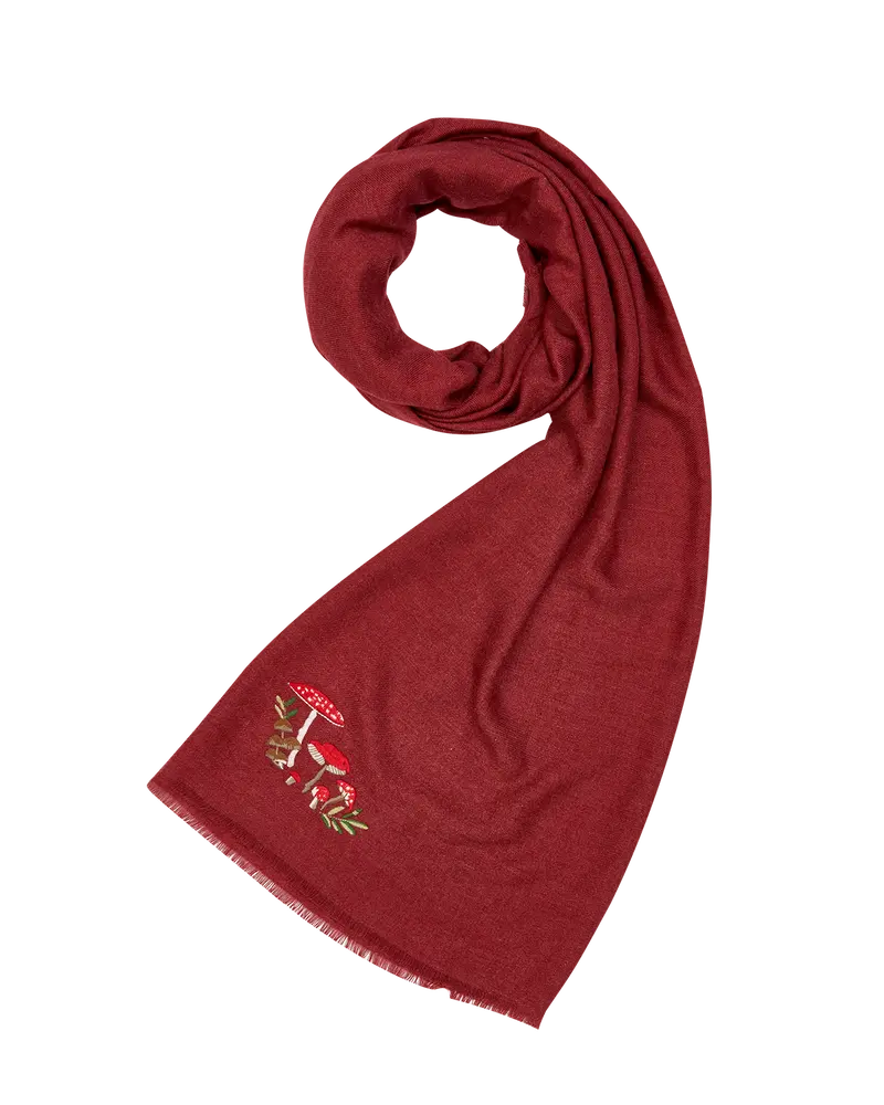 Mushroom Embroidered Burgundy Pashmina Scarf 1