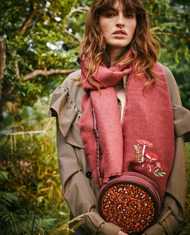 Mushroom Embroidered Burgundy Pashmina Scarf 2