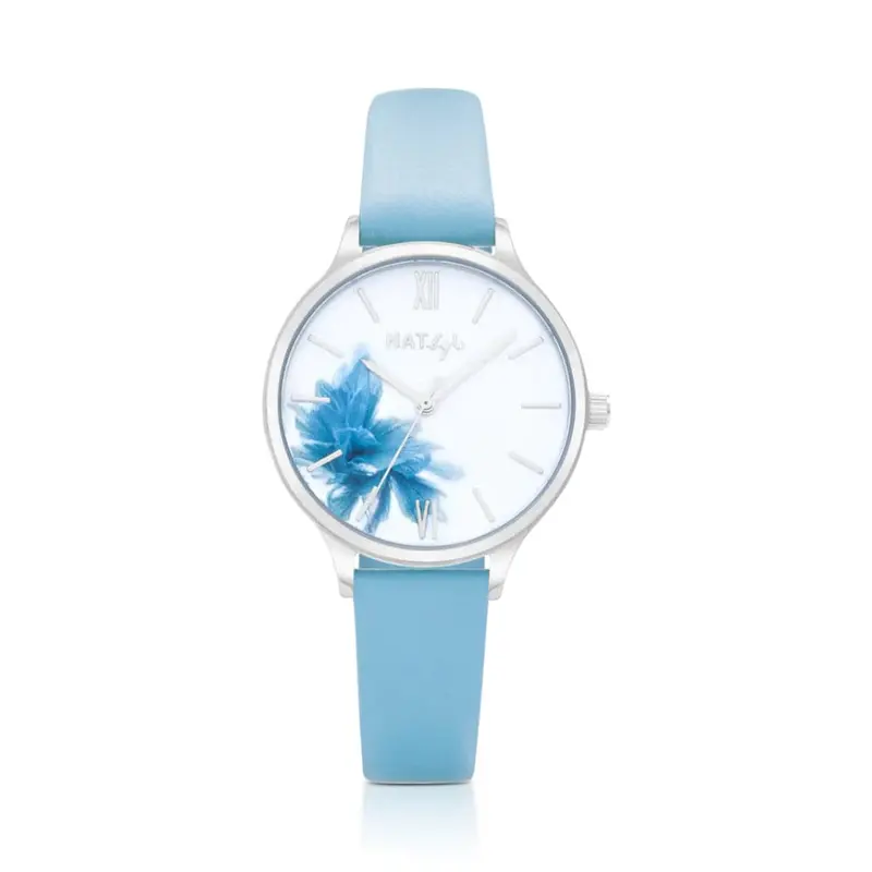 Natbyj Blossom White Dial Blue Leather Strap Women Watch Nat1003 1